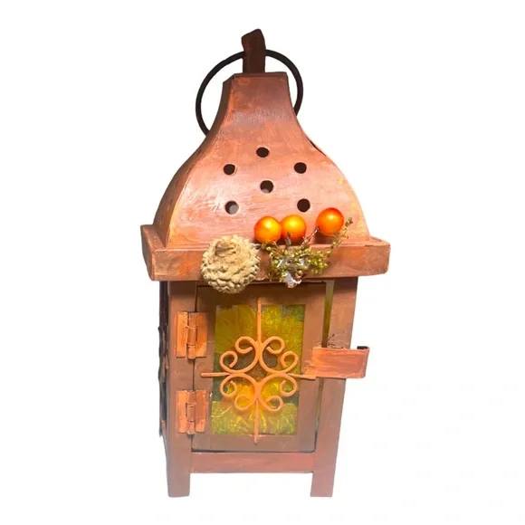 Hand Crafted Decoupaged and Hand-Painted Candle Metal Lantern Candle Holder - Picture 1 of 15